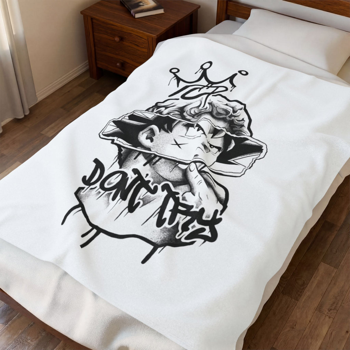 Velveteen Plush Blanket — Black Graffiti Anime King Design (“Don’t Care”)