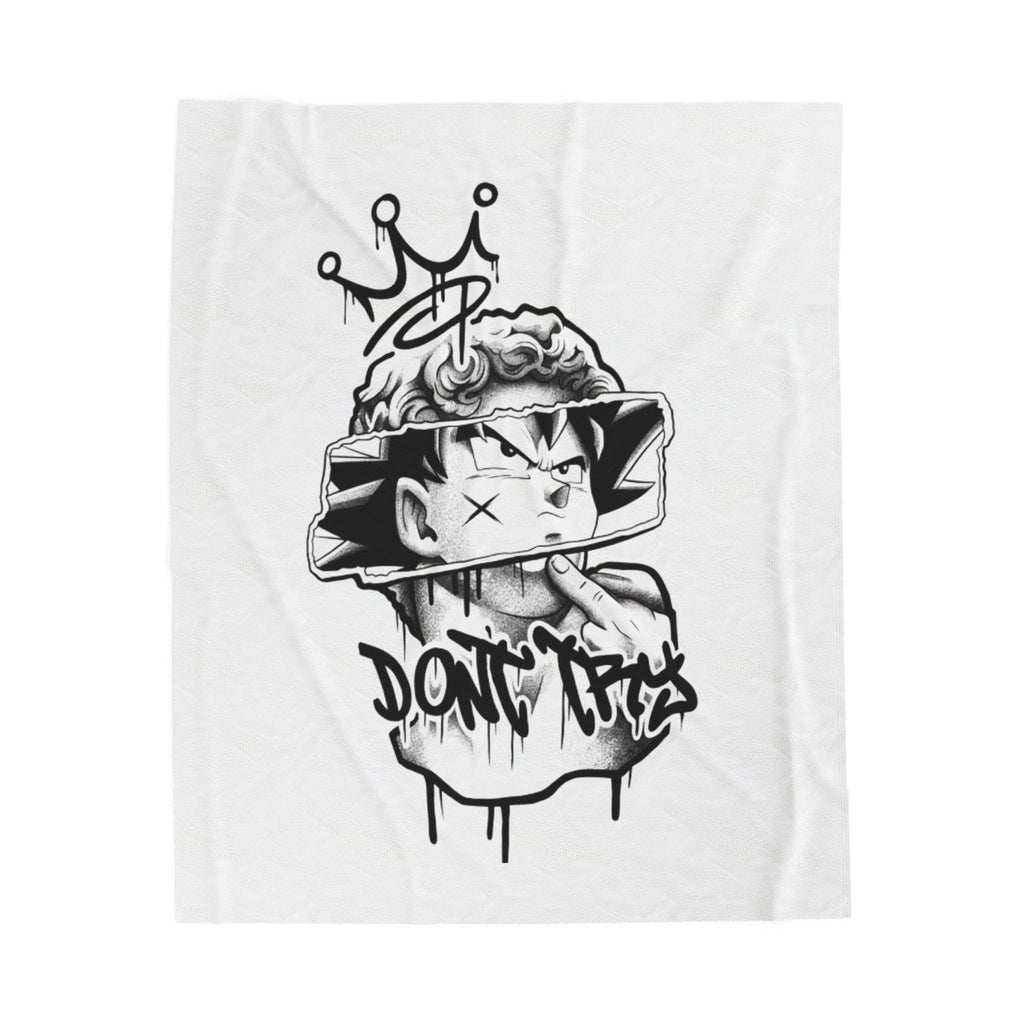 Velveteen Plush Blanket — Black Graffiti Anime King Design (“Don’t Care”)