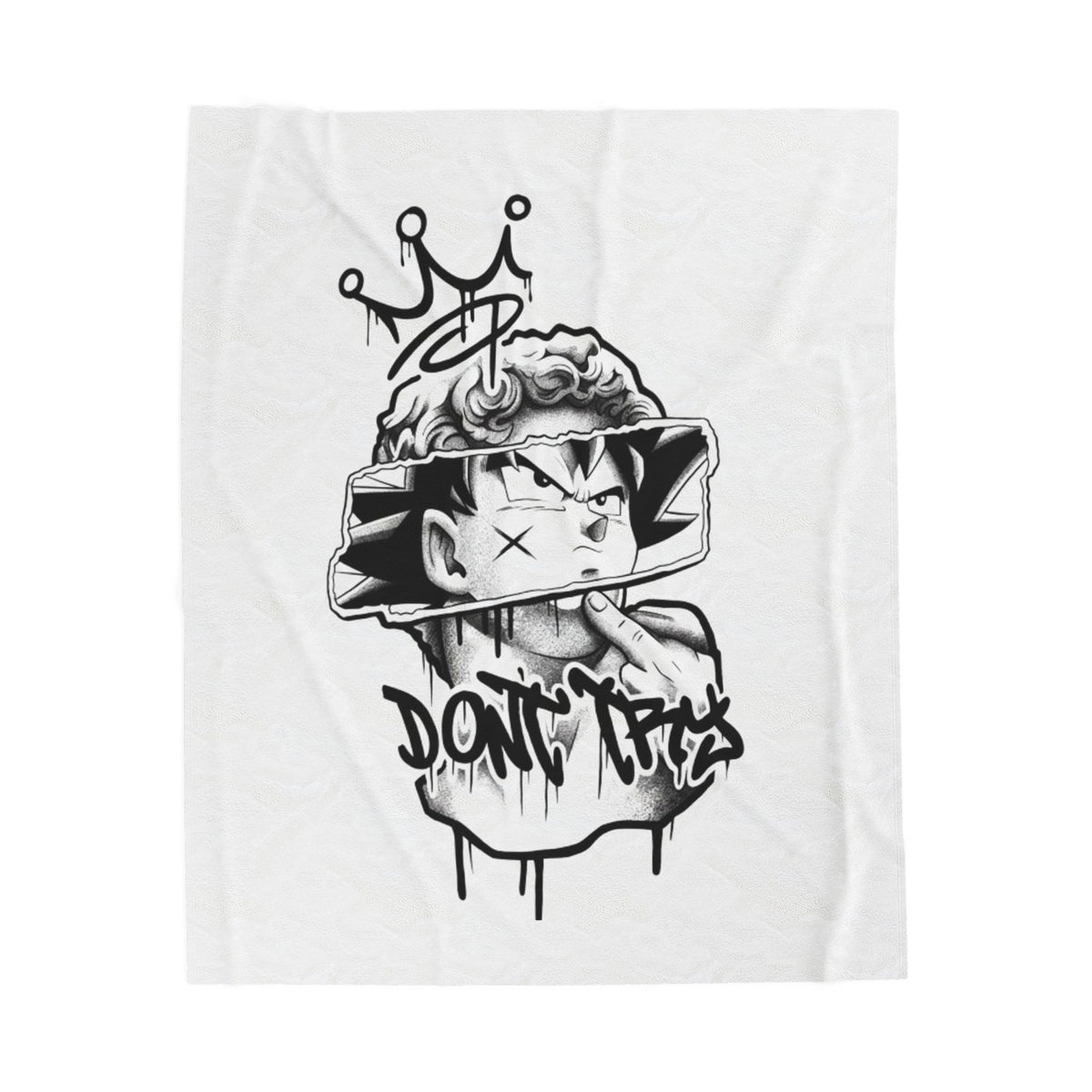 Velveteen Plush Blanket — Black Graffiti Anime King Design (“Don’t Care”)